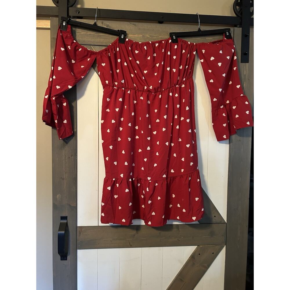SHEIN Curve Red White Heart Dress 4XL Off Shoulder Long Sleeve